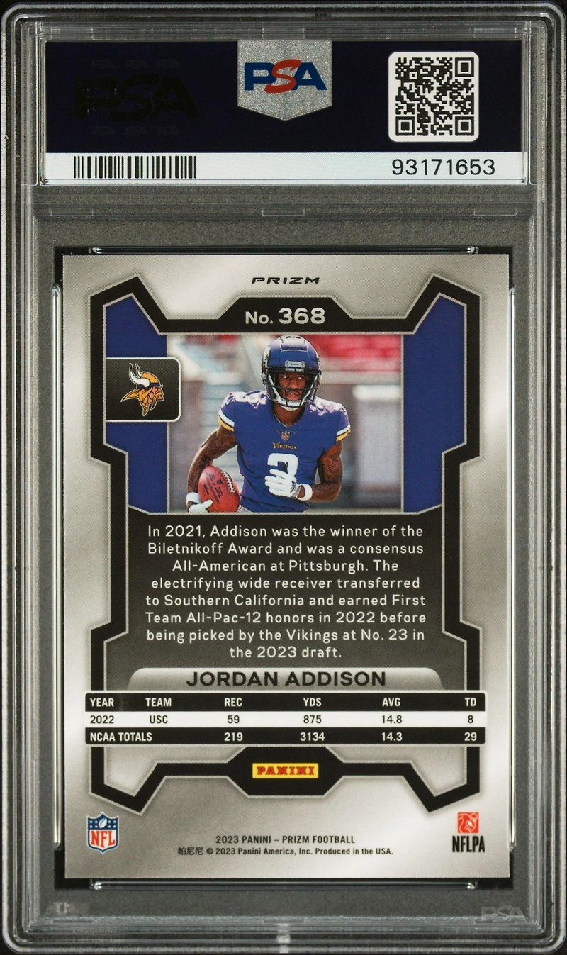 2023 Panini Prizm 368 Jordan Addison Orange Ice PSA 10