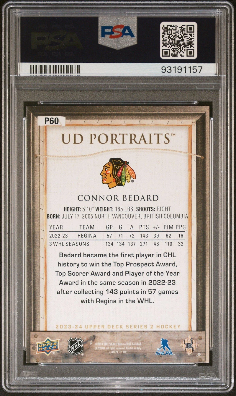 2023 Upper Deck Ud Portraits P60 Connor Bedard PSA 10