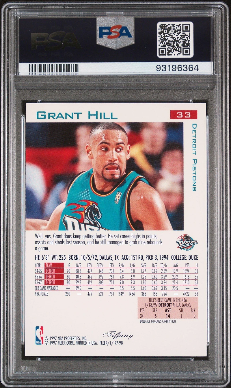 1997 Fleer 33 Grant Hill Tiffany PSA 10