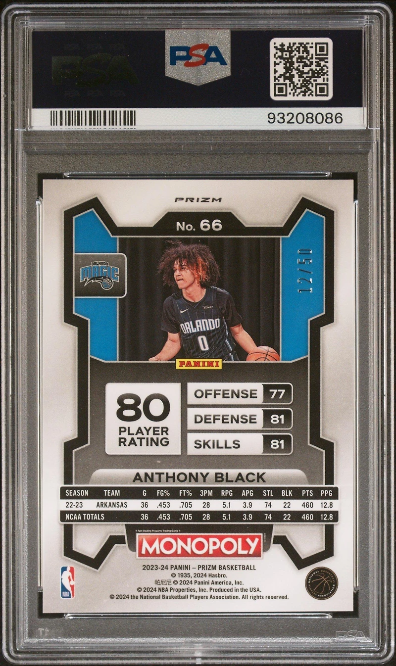 2023 Panini Prizm Monopoly 66 Anthony Black Purple Millionaire Shimmer PSA 10