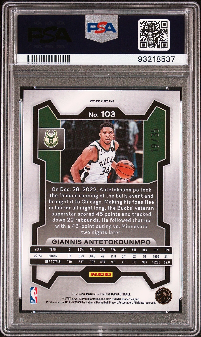 2023 Panini Prizm 103 Giannis Antetokounmpo Purple Pulsar PSA 9