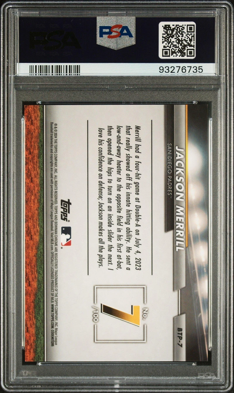 2024 Bowman Bowman Scouts' Top 100 Btp7 Jackson Merrill Orange Refractor PSA 10