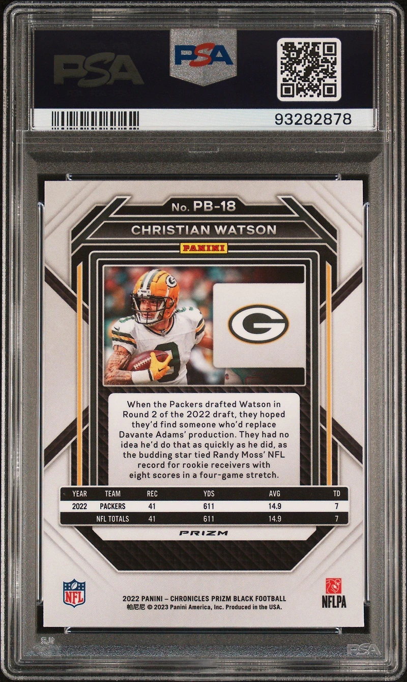 2022 Panini Chronicles Prizm Black Pb18 Christian Watson Silver PSA 9