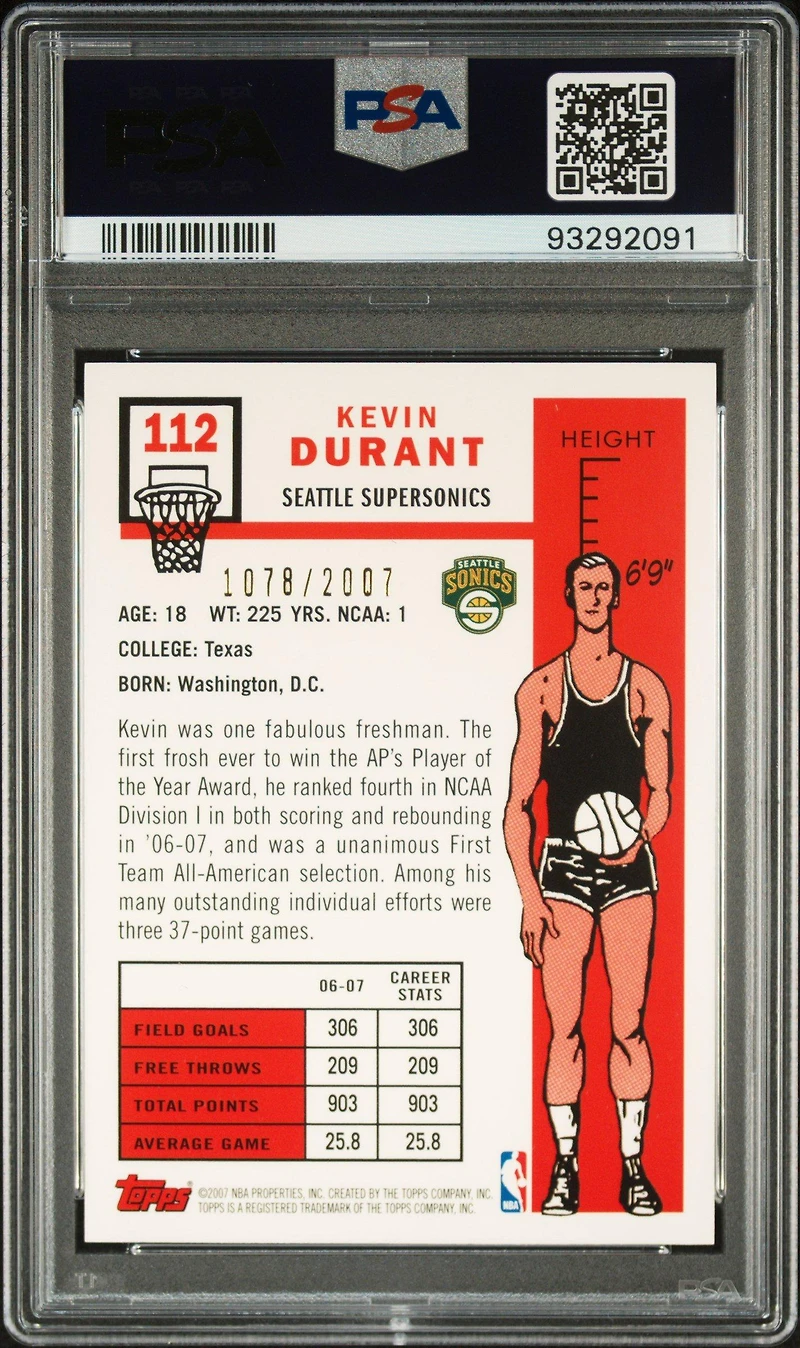 2007 Topps 112 Kevin Durant 1957-58 Variation-gold PSA 8