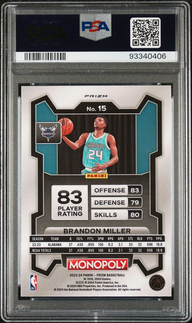 2023 Panini Prizm Monopoly 15 Brandon Miller Dice PSA 10