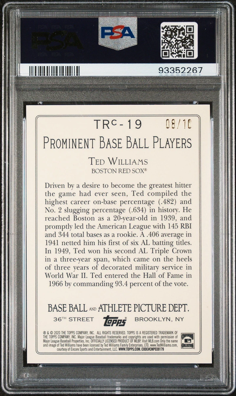 2020 Topps Turkey Red Chrome Trc19 Ted Williams Green PSA 10