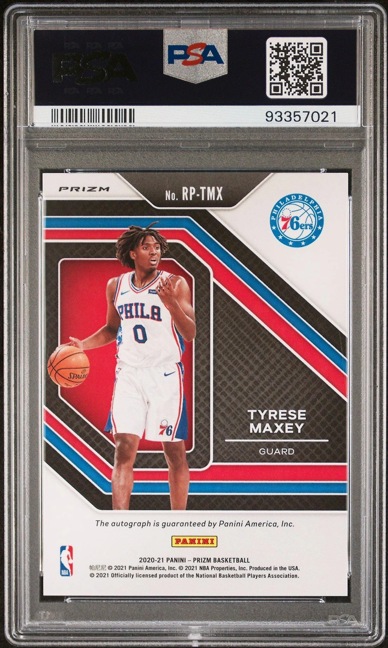 2020 Panini Prizm Rookie Penmanship Rptmx Tyrese Maxey Silver Prizm PSA 9