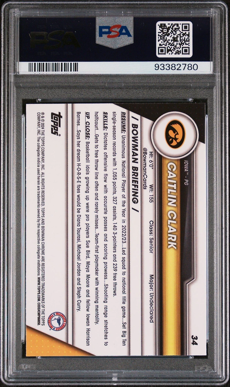 2023 Bowman University Chrome Sapphire 34 Caitlin Clark PSA 8