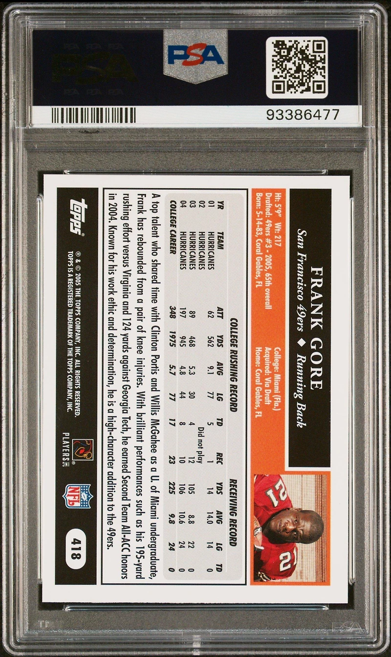2005 Topps 418 Frank Gore PSA 10