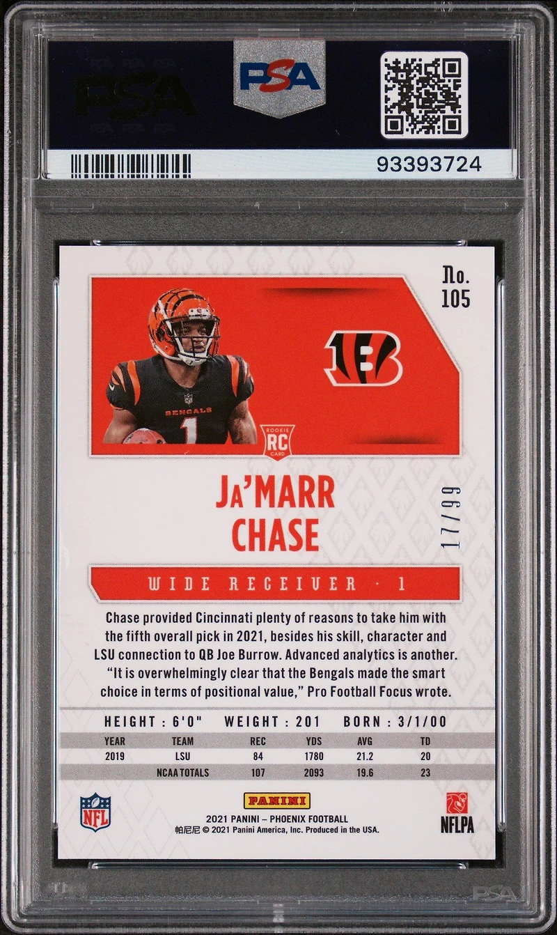 2021 Panini Phoenix 105 Ja'marr Chase Orange Lazer PSA 10