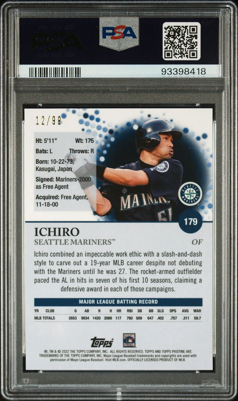 2022 Topps Pristine 179 Ichiro Purple Refractor PSA 10