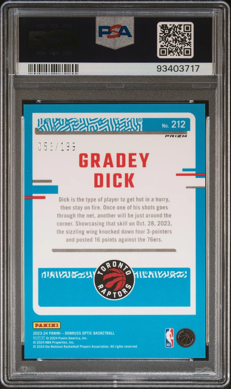 2023 Panini Donruss Optic 212 Gradey Dick Orange PSA 10