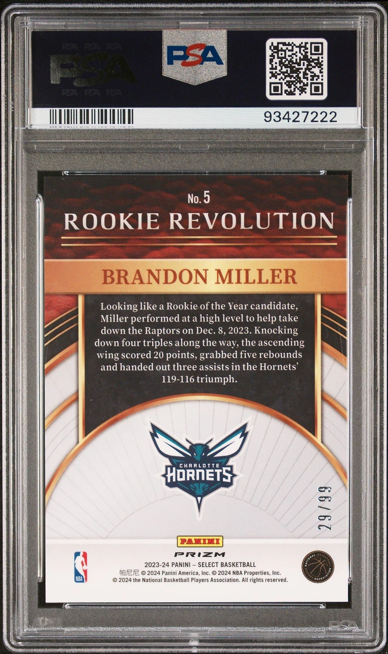 2023 Panini Select Rookie Revolution 5 Brandon Miller Pink Cracked Ice PSA 10