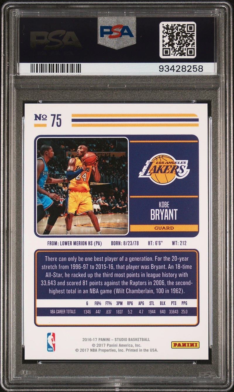2016 Panini Studio 75 Kobe Bryant PSA 10