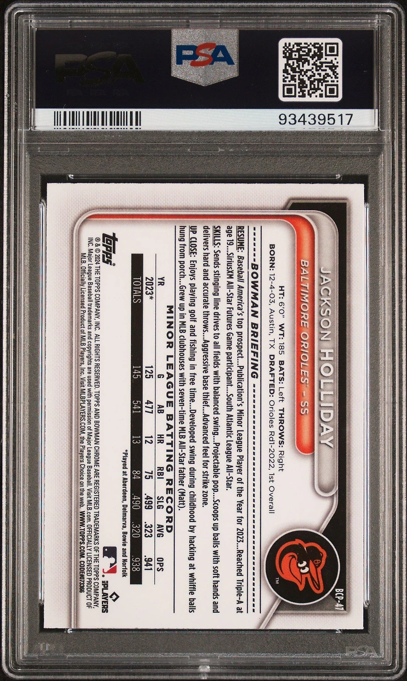 2024 Bowman Mega Box Chrome Prospects 47 Jackson Holliday Yellow PSA 10