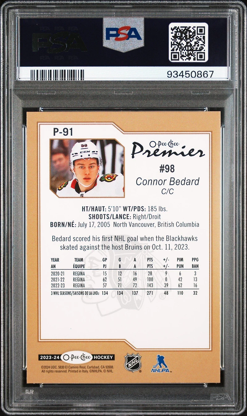 2023 Upper Deck O-pee-chee O-pee-chee Premier P91 Connor Bedard PSA 9
