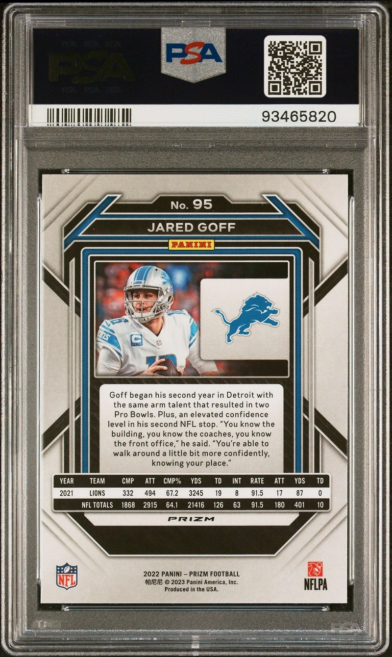 2022 Panini Prizm 95 Jared Goff Light Blue Prizm PSA 9