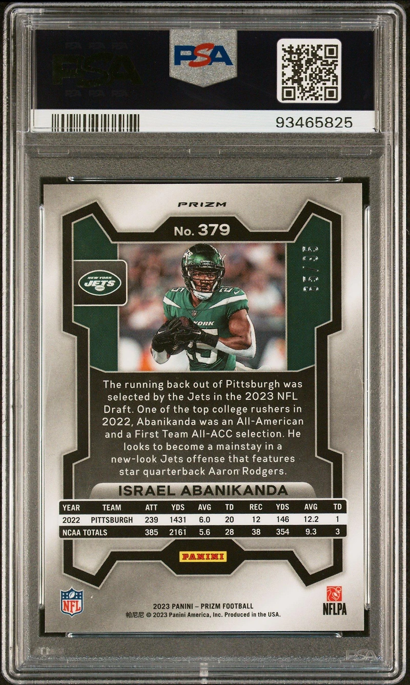 2023 Panini Prizm 379 Israel Abanikanda No Huddle Blue PSA 10