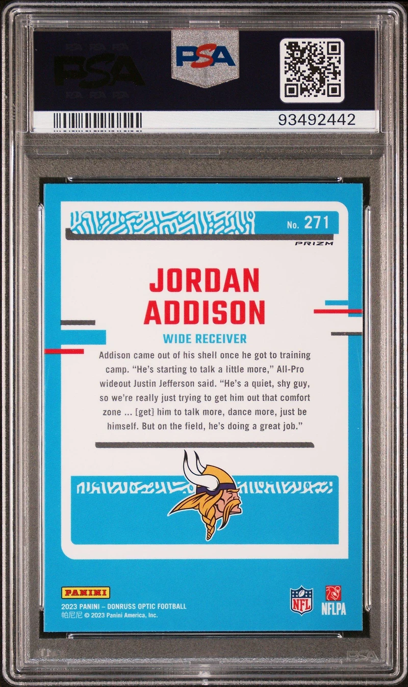 2023 Panini Donruss Optic 271 Jordan Addison Purple Shock PSA 10