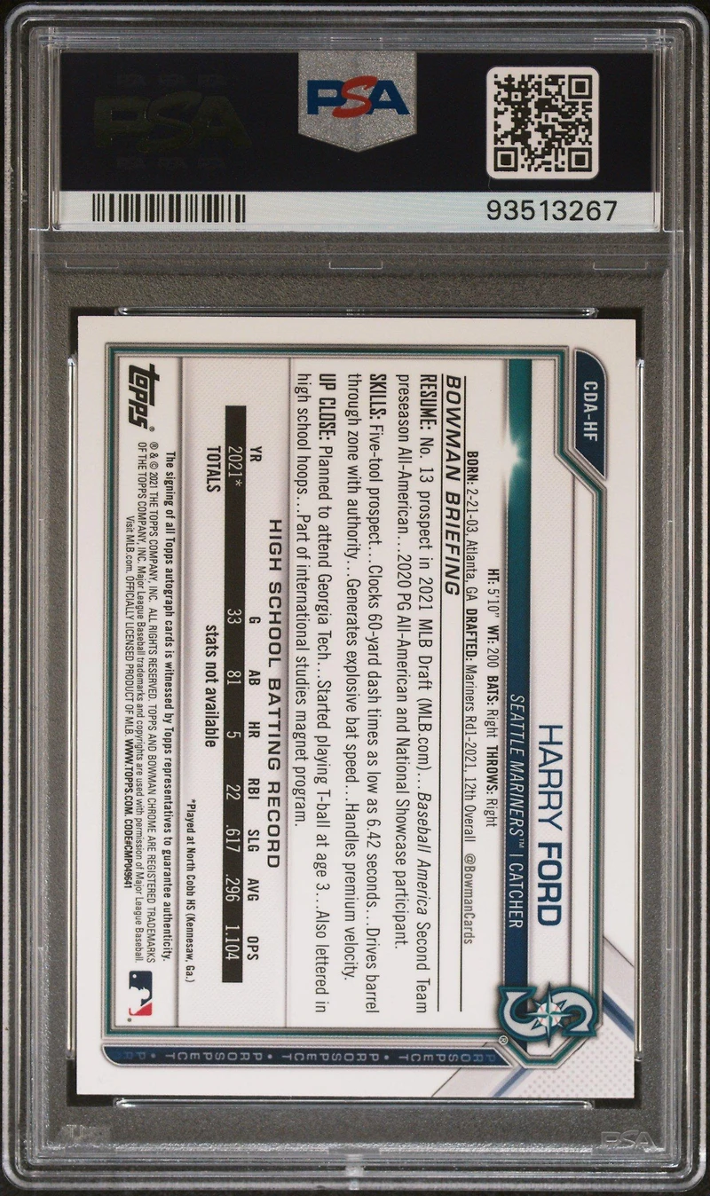 2021 Bowman Draft Chrome Draft Pick Autographs Cdahf Harry Ford PSA 9