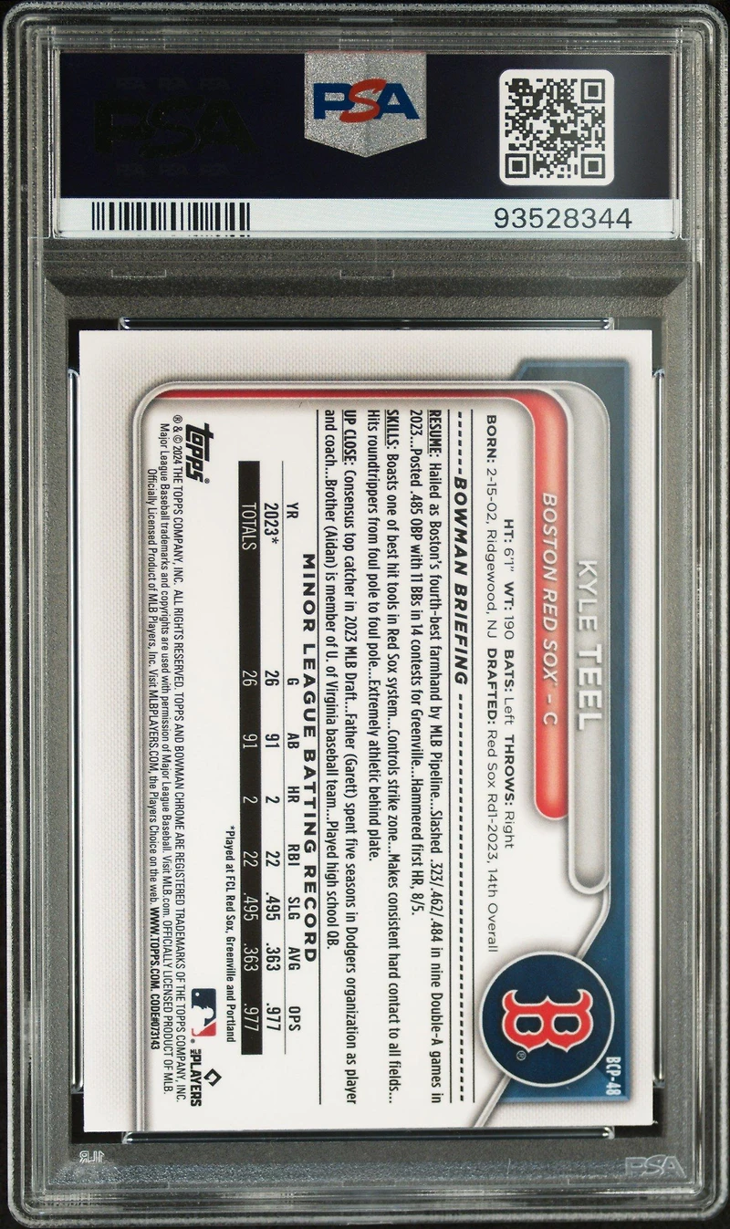 2024 Bowman Chrome Prospects Bcp48 Kyle Teel Lunar Glow Refractor PSA 10