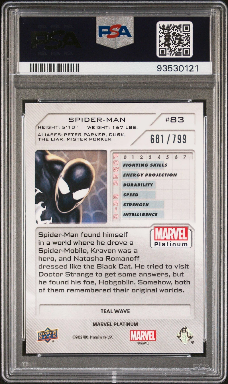 2023 Upper Deck Marvel Platinum 83 Spider-man (symbiote Suit) Teal Wave PSA 10