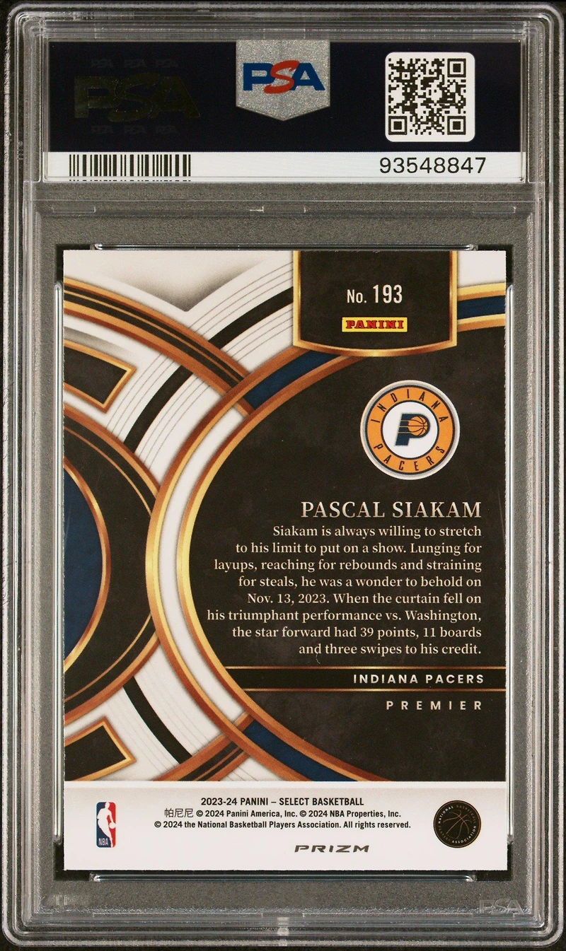 2023 Panini Select 193 Pascal Siakam Elephant Prizm PSA 10