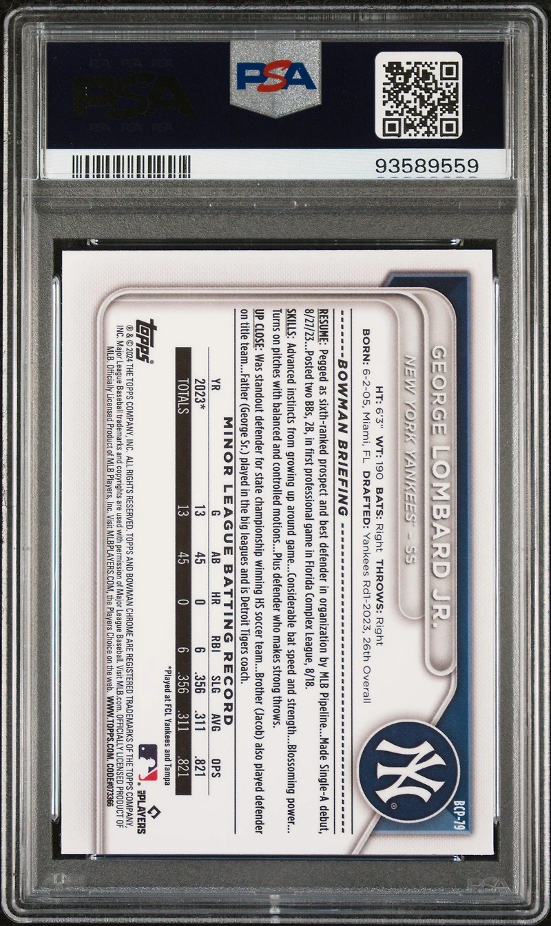 2024 Bowman Mega Box Chrome Prospects 79 George Lombard Jr. PSA 9