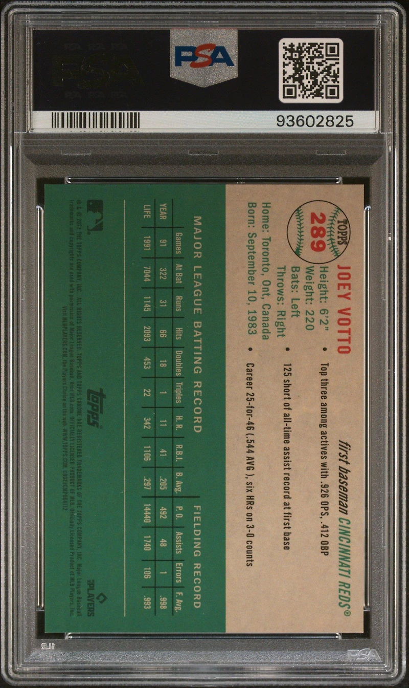 2023 Topps Chrome Platinum Anniversary 289 Joey Votto Blue Mini Diamond Refractor PSA 10