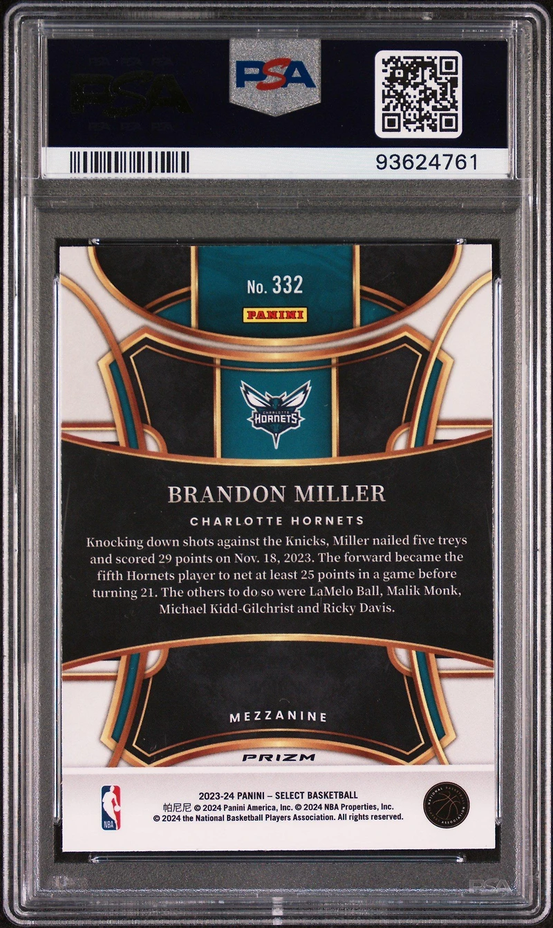2023 Panini Select 332 Brandon Miller Silver Prizm PSA 10