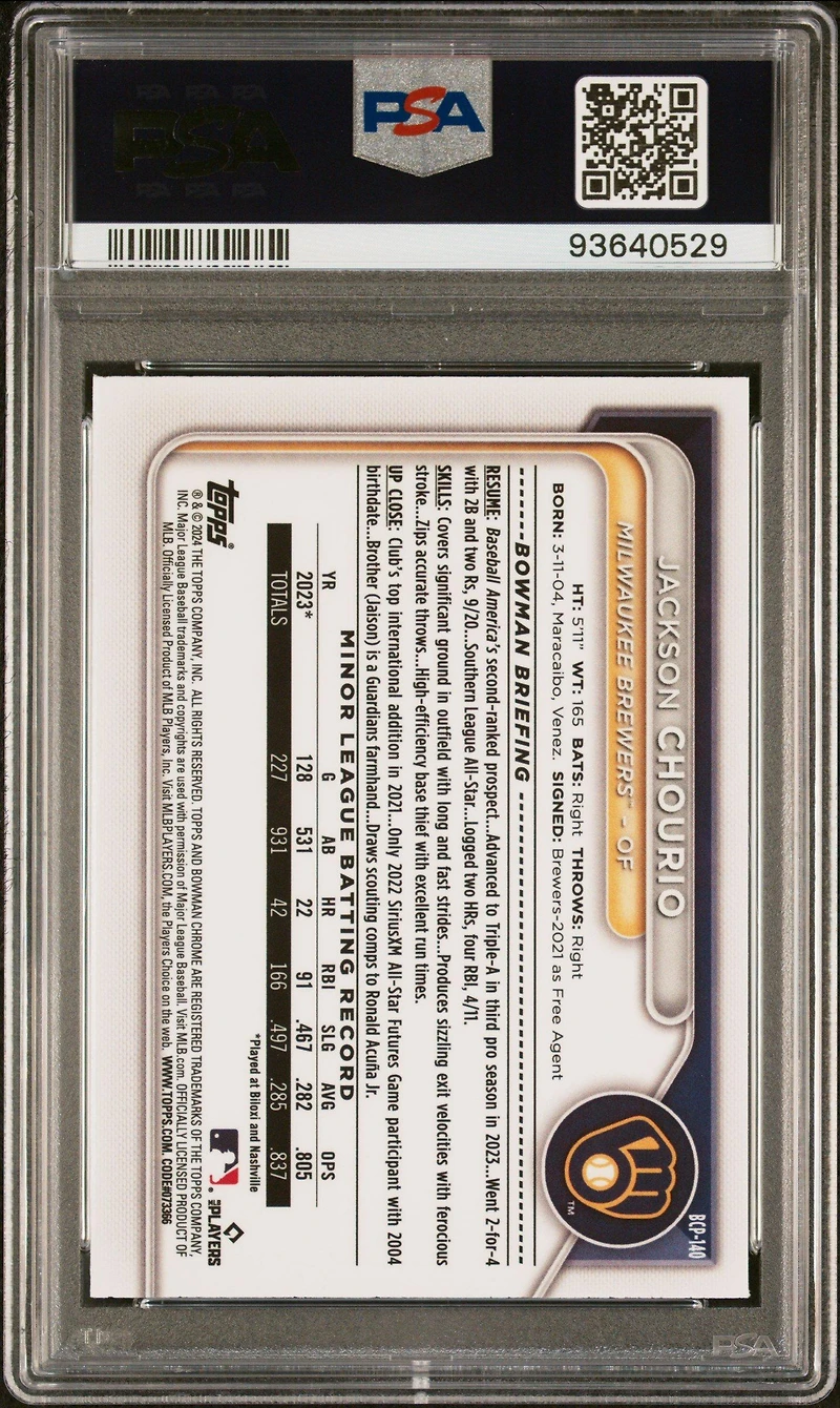 2024 Bowman Mega Box Chrome Prospects 140 Jackson Chourio Yellow PSA 10