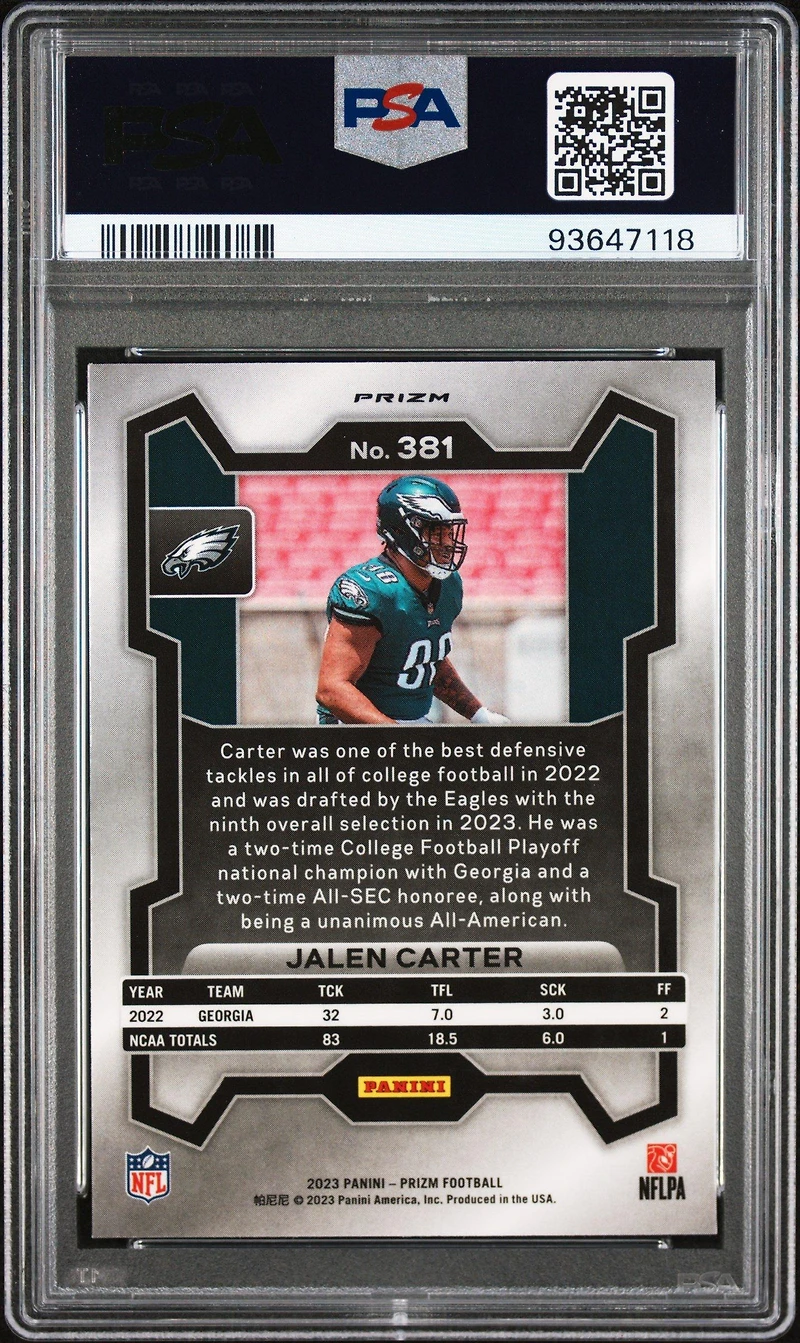 2023 Panini Prizm 381 Jalen Carter Silver Prizm PSA 10