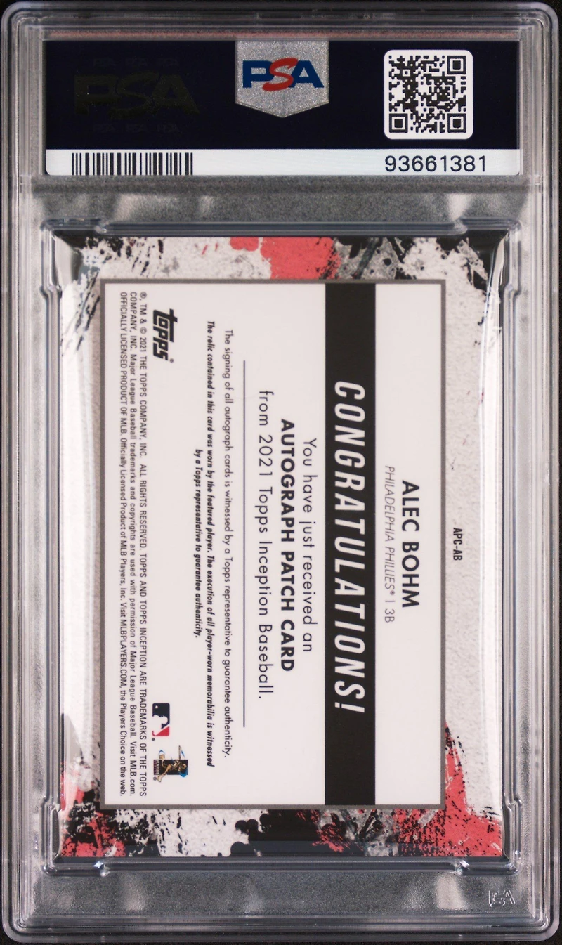 2021 Topps Inception Autograph Patch Ab Alec Bohm PSA 9