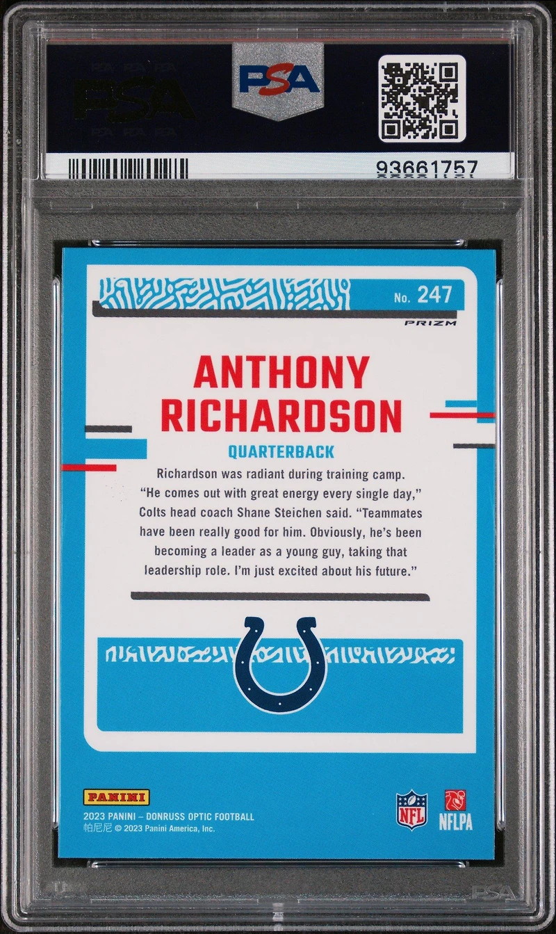 2023 Panini Donruss Optic 247 Anthony Richardson Purple Shock PSA 10