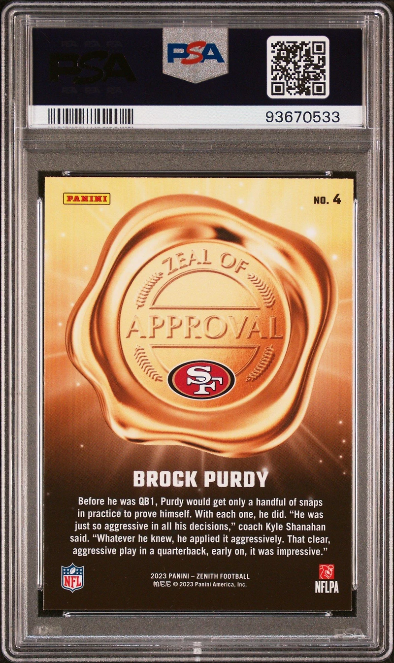 2023 Panini Zenith Zeal Of Approval 4 Brock Purdy Red PSA 10