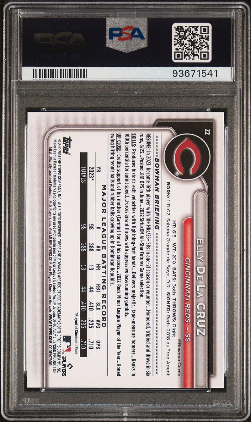 2024 Bowman 22 Elly De La Cruz Purple Pattern PSA 10
