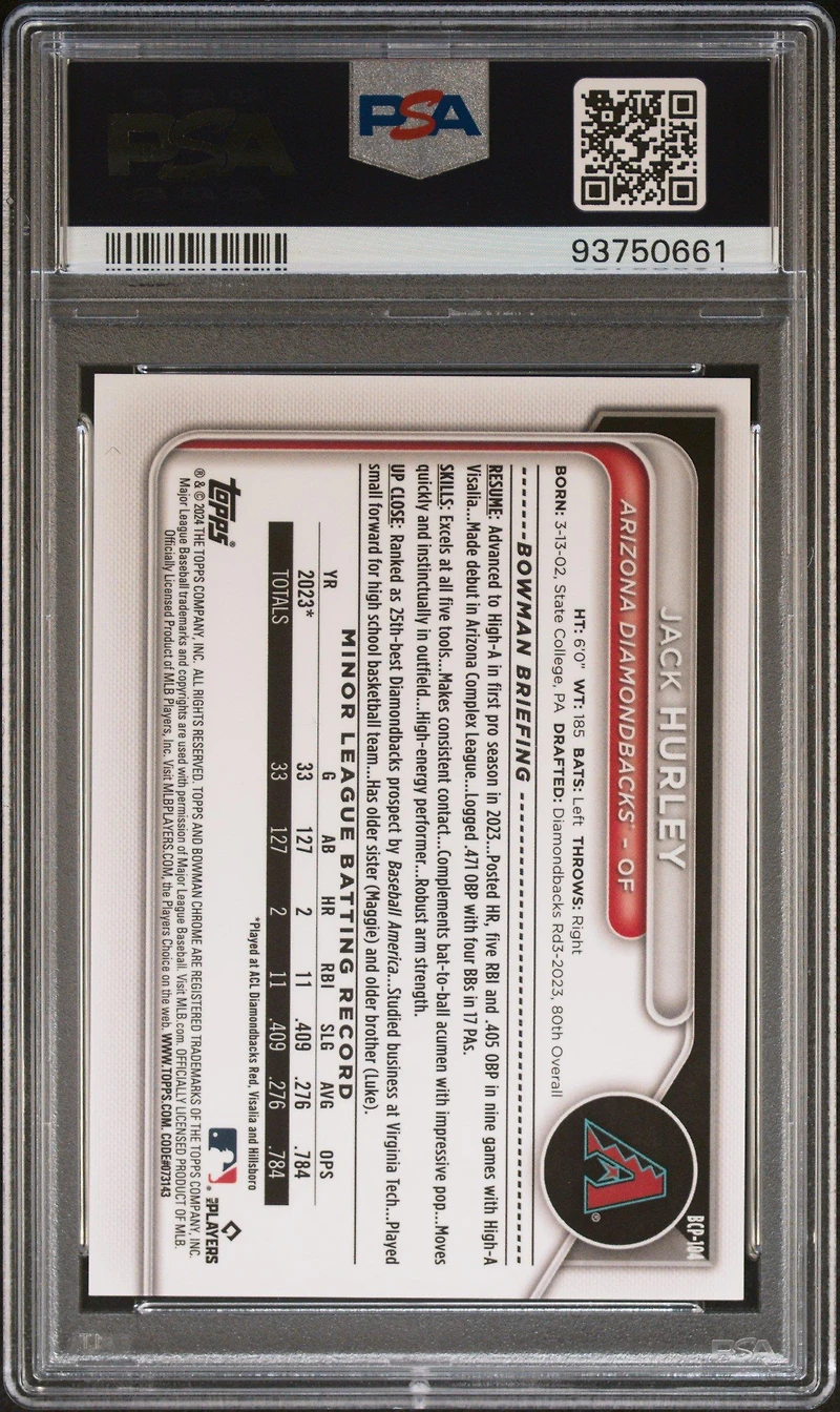 2024 Bowman Chrome Prospects Bcp104 Jack Hurley Green Grass Refractor PSA 10