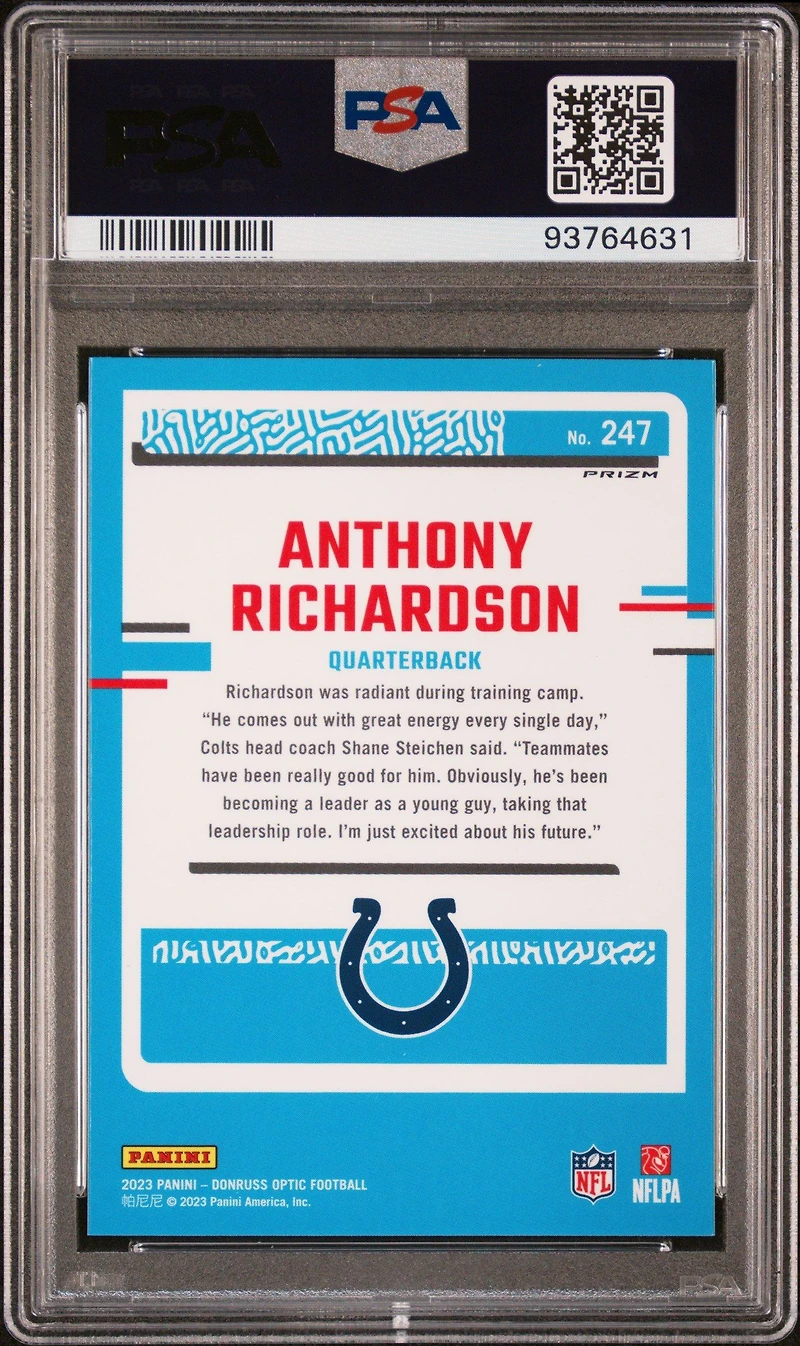 2023 Panini Donruss Optic 247 Anthony Richardson Blue Glitter PSA 10