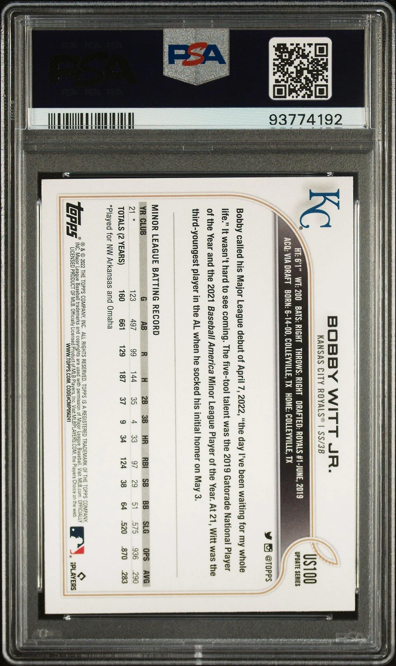 2022 Topps Update Us100 Bobby Witt Jr. Royal Blue PSA 8