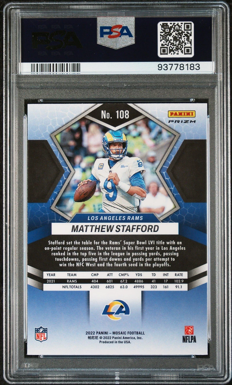 2022 Panini Mosaic 108 Matthew Stafford White Sparkle PSA 10