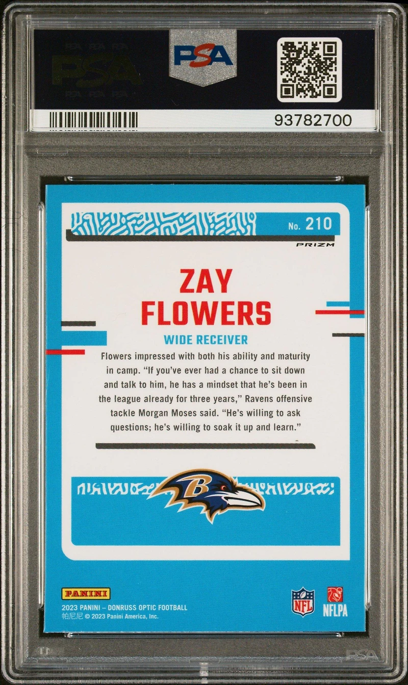 2023 Panini Donruss Optic 210 Zay Flowers Blue Glitter PSA 10