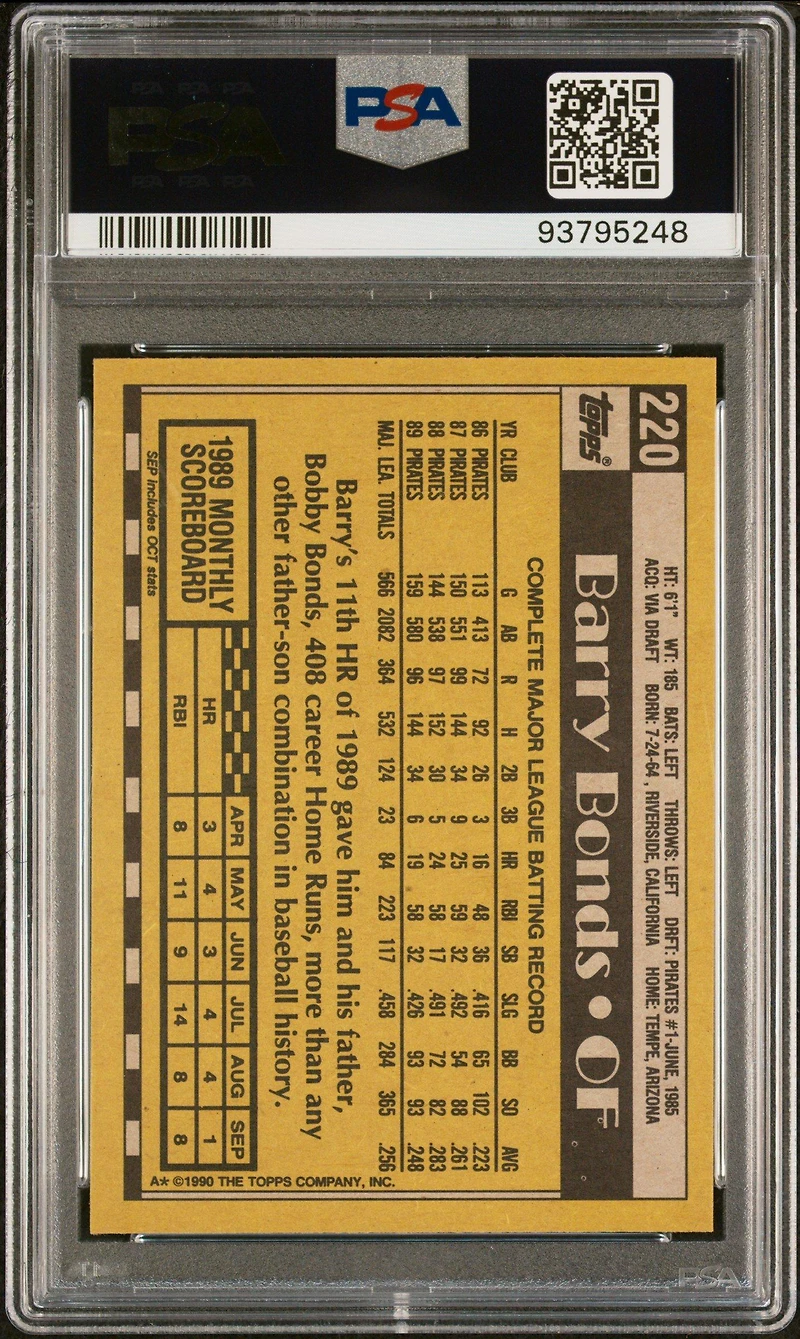1990 Topps 220 Barry Bonds PSA 10