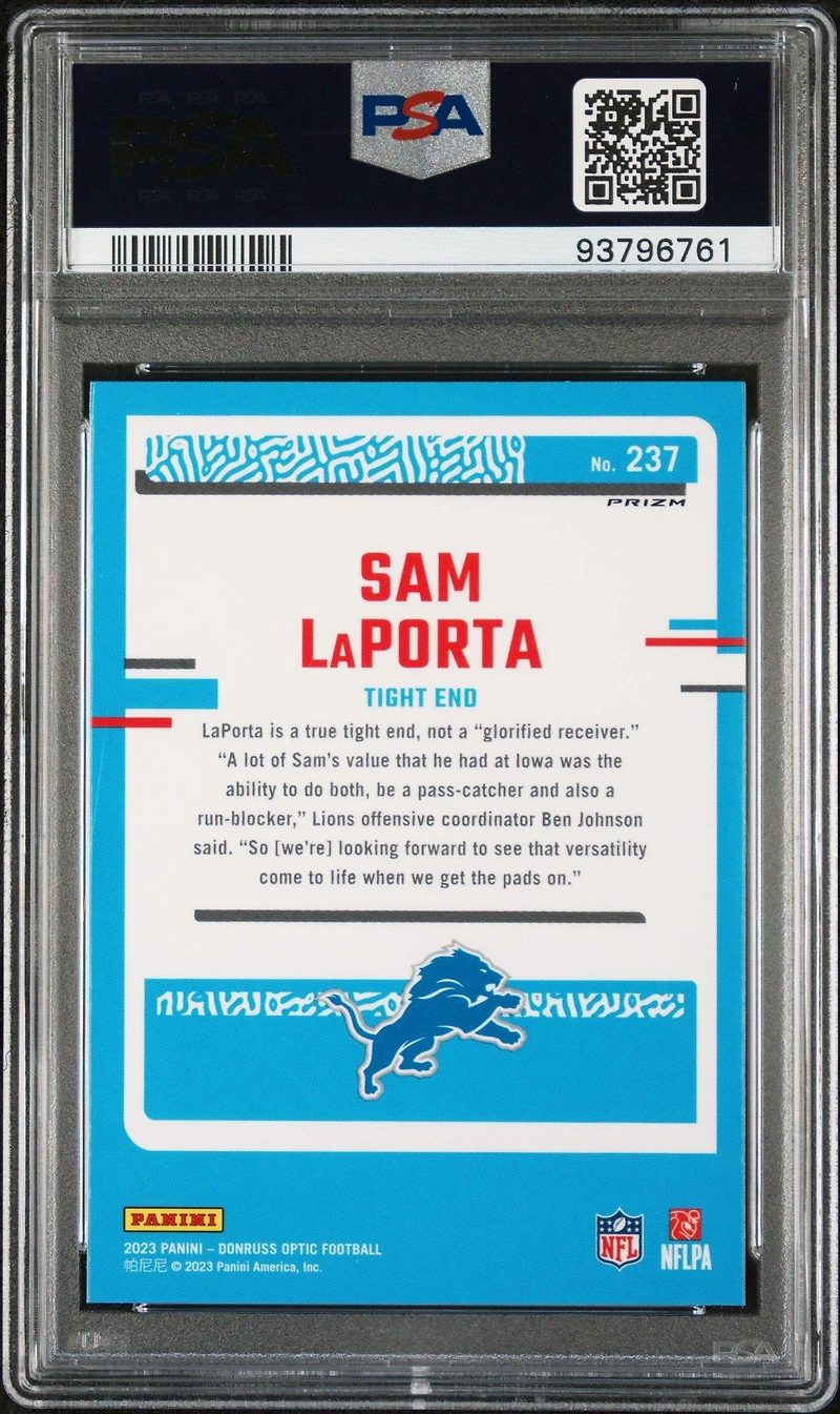 2023 Panini Donruss Optic 237 Sam Laporta Purple Shock PSA 10