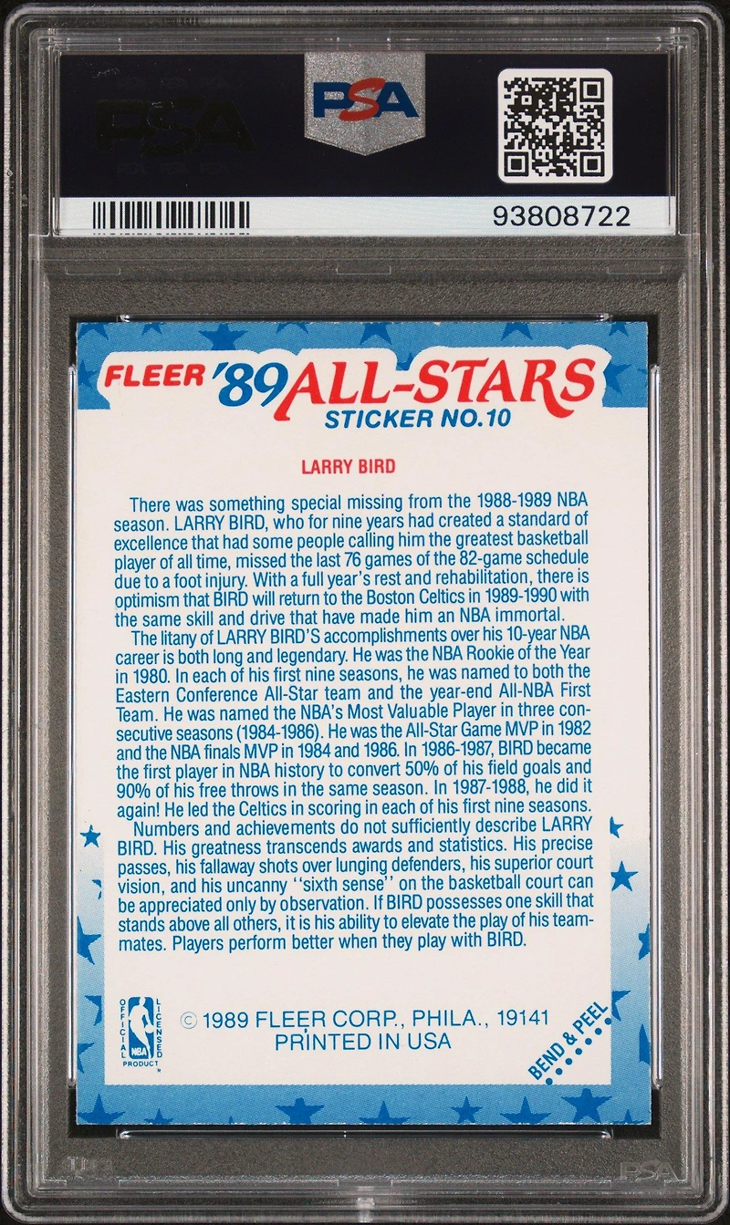 1989 Fleer Sticker 10 Larry Bird PSA 9