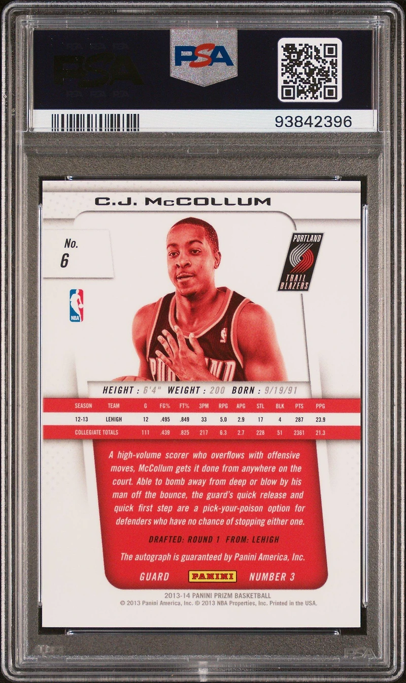 2013 Panini Prizm Autograph 6 C.j. Mccollum PSA 9