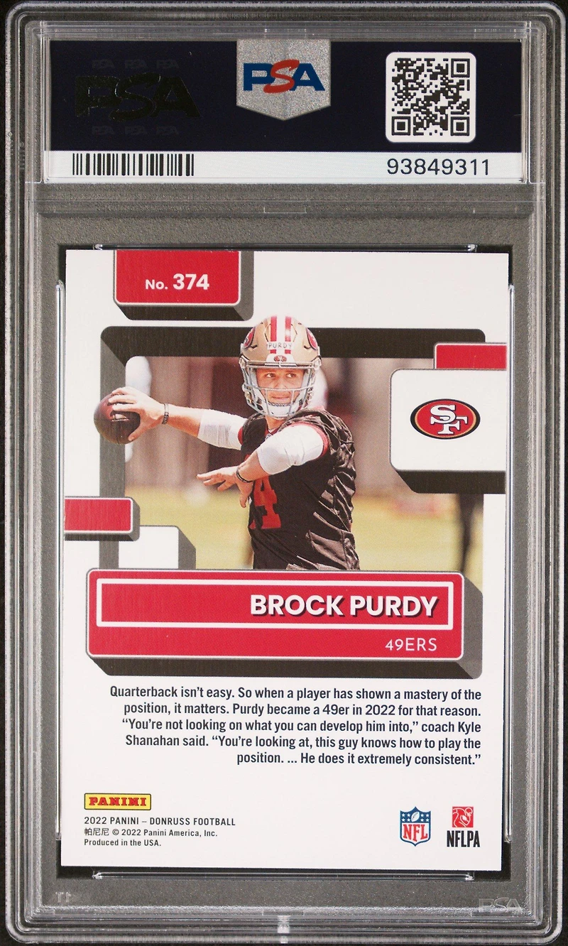 2022 Panini Donruss 374 Brock Purdy Press Proof Blue PSA
