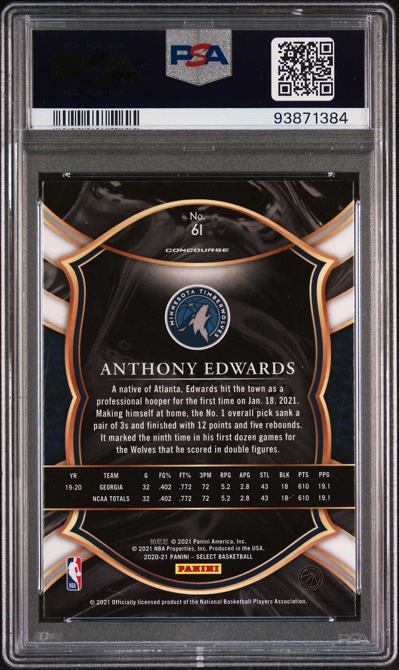 2020 Panini Select 61 Anthony Edwards Blue Retail PSA 10
