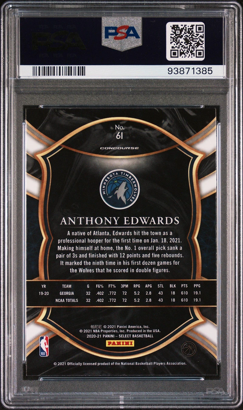 2020 Panini Select 61 Anthony Edwards Blue Retail PSA 10
