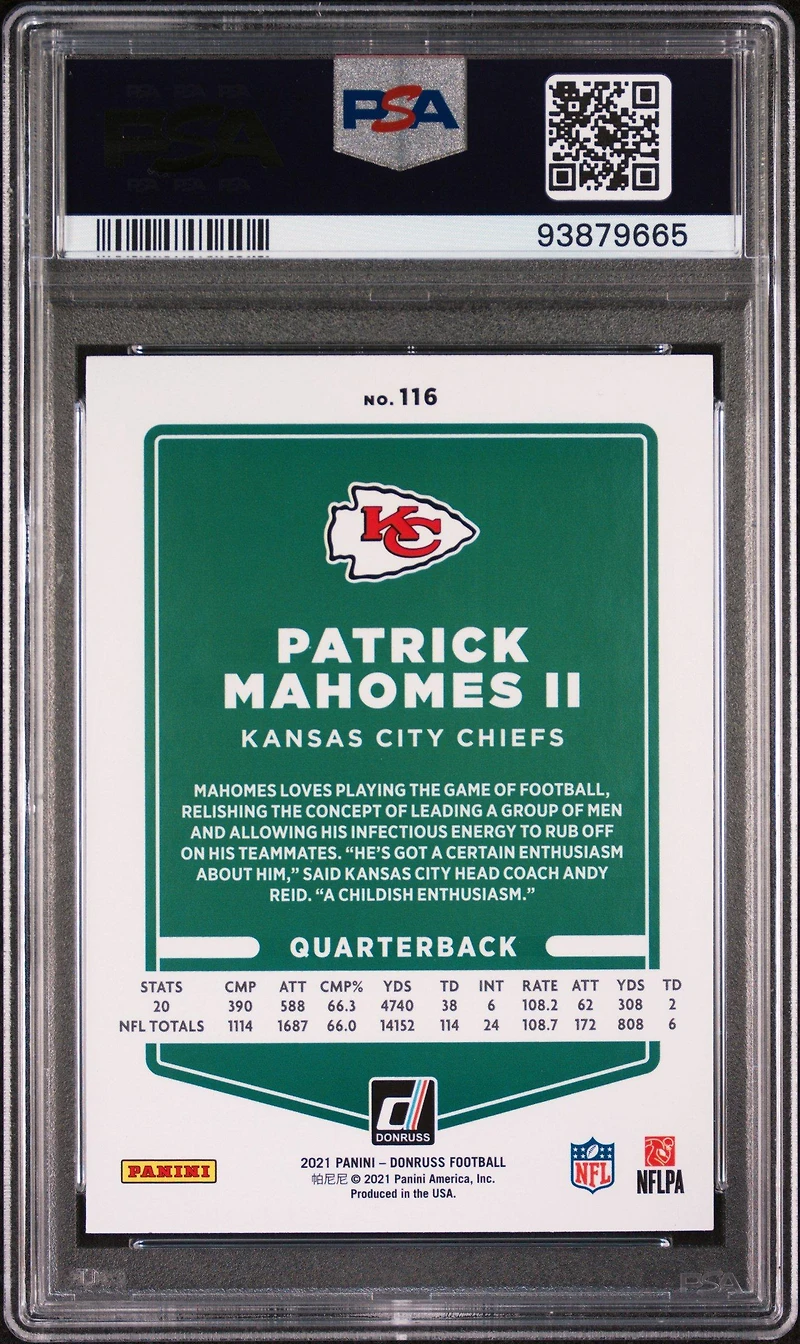 2021 Panini Donruss 116 Patrick Mahomes Ii Variation-press Proof Yellow PSA 10