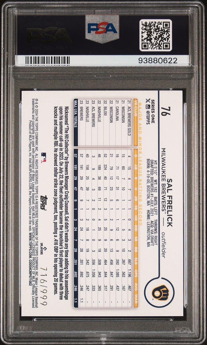 2024 Topps 76 Sal Frelick Blue Holofoil PSA 10